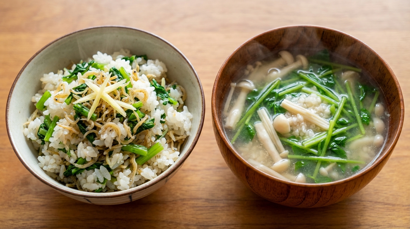 ちりめんじゃこと大根葉のしょうが混ぜごはんと、豆苗とえのきの塩麹スープ