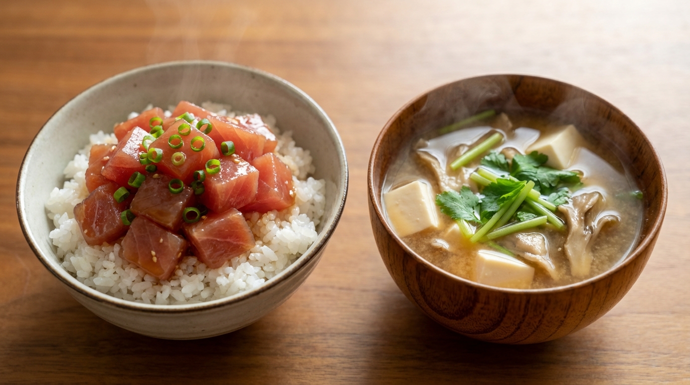 まぐろのポン酢あえのっけごはんと、豆腐とまいたけの具だくさんみそ汁