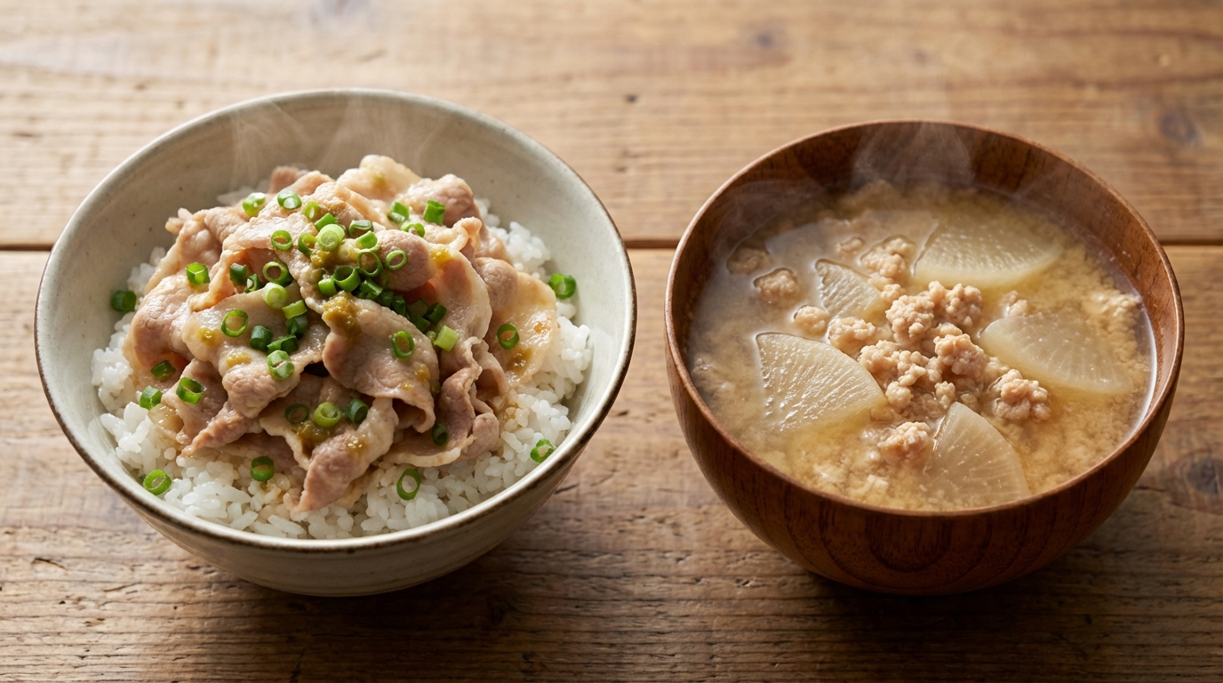爽やかゆずこしょうの豚しゃぶのっけごはんと、鶏ひき肉と大根の具だくさんみそ汁