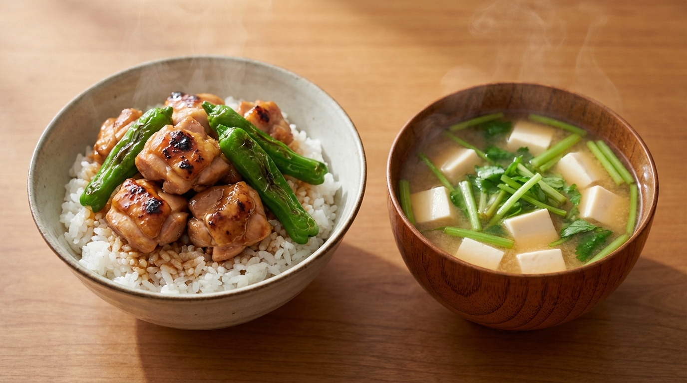 鶏もも肉とししとうのコク旨オイスターのっけごはんと、豆腐とせりの彩りみそ汁