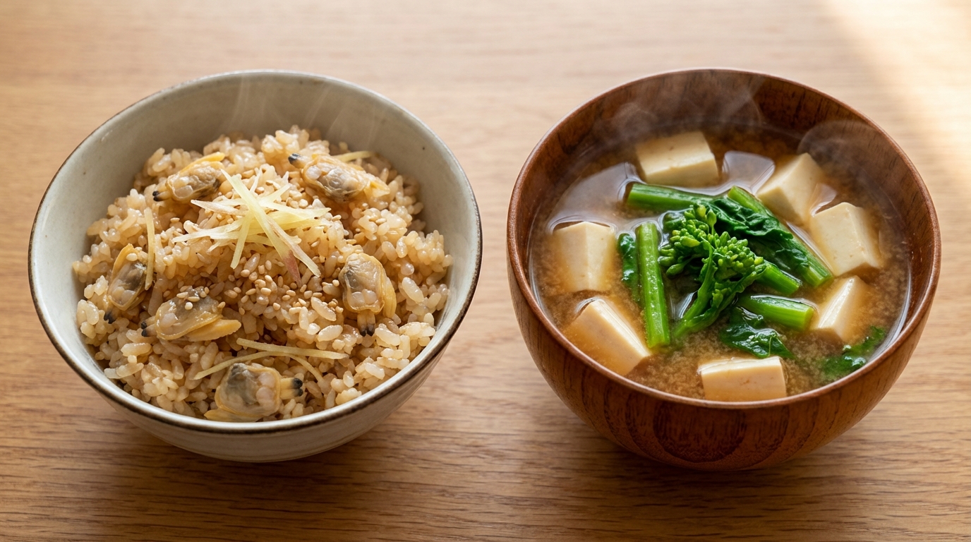 あさりとしょうがの香り混ぜごはんと、豆腐と菜の花の彩りみそ汁