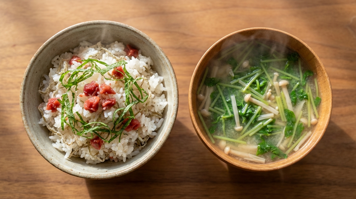 梅しそとろろ昆布の香り混ぜごはんと、豆苗とえのきの塩麹スープ