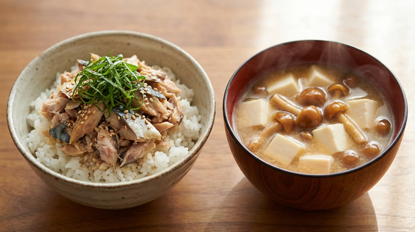大葉香る焼き鯖ほぐしのっけごはんと、豆腐となめこの具だくさんみそ汁