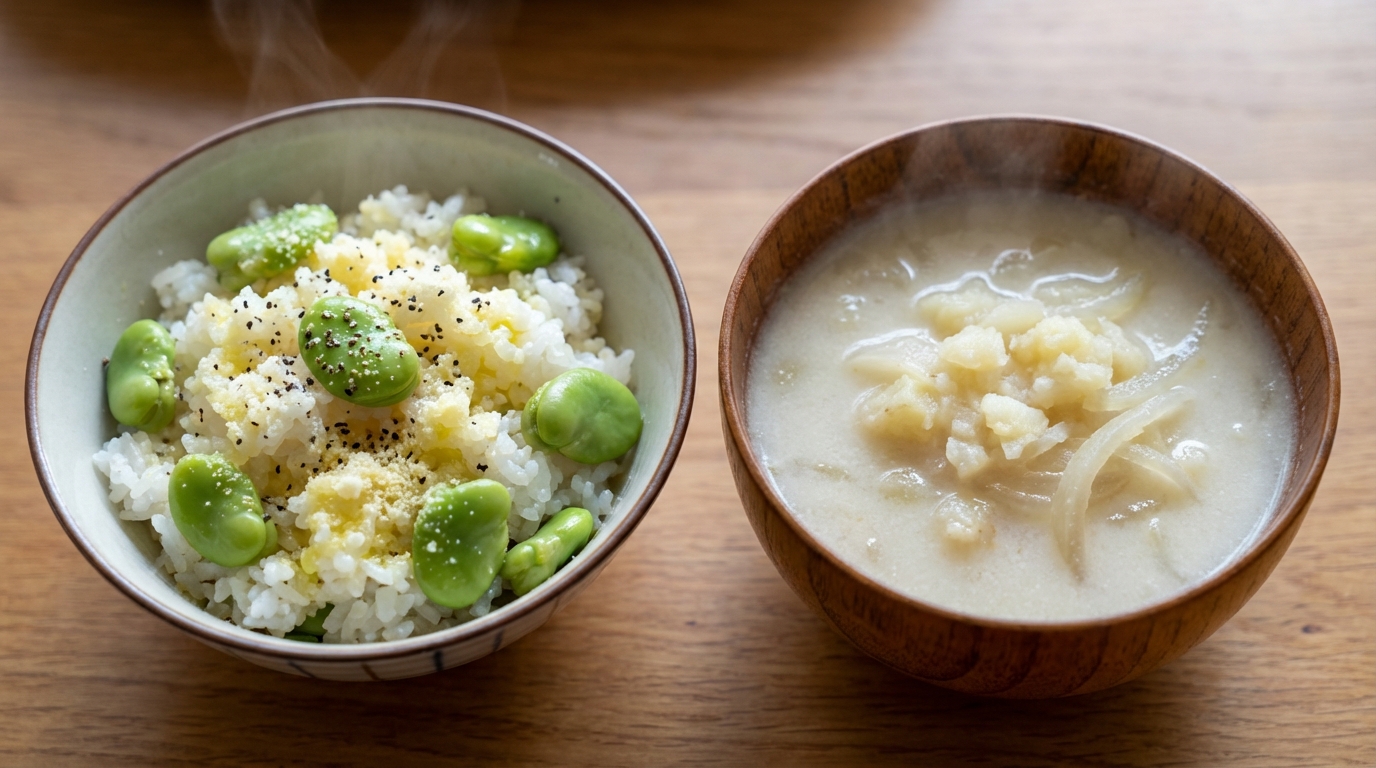 そら豆とチーズの洋風混ぜごはんと、新じゃがいものポタージュ