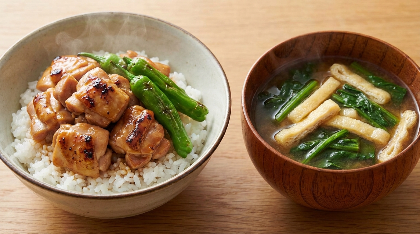 鶏もも肉とししとうの甘辛みそだれのっけごはんと、油揚げとほうれんそうの具だくさんみそ汁
