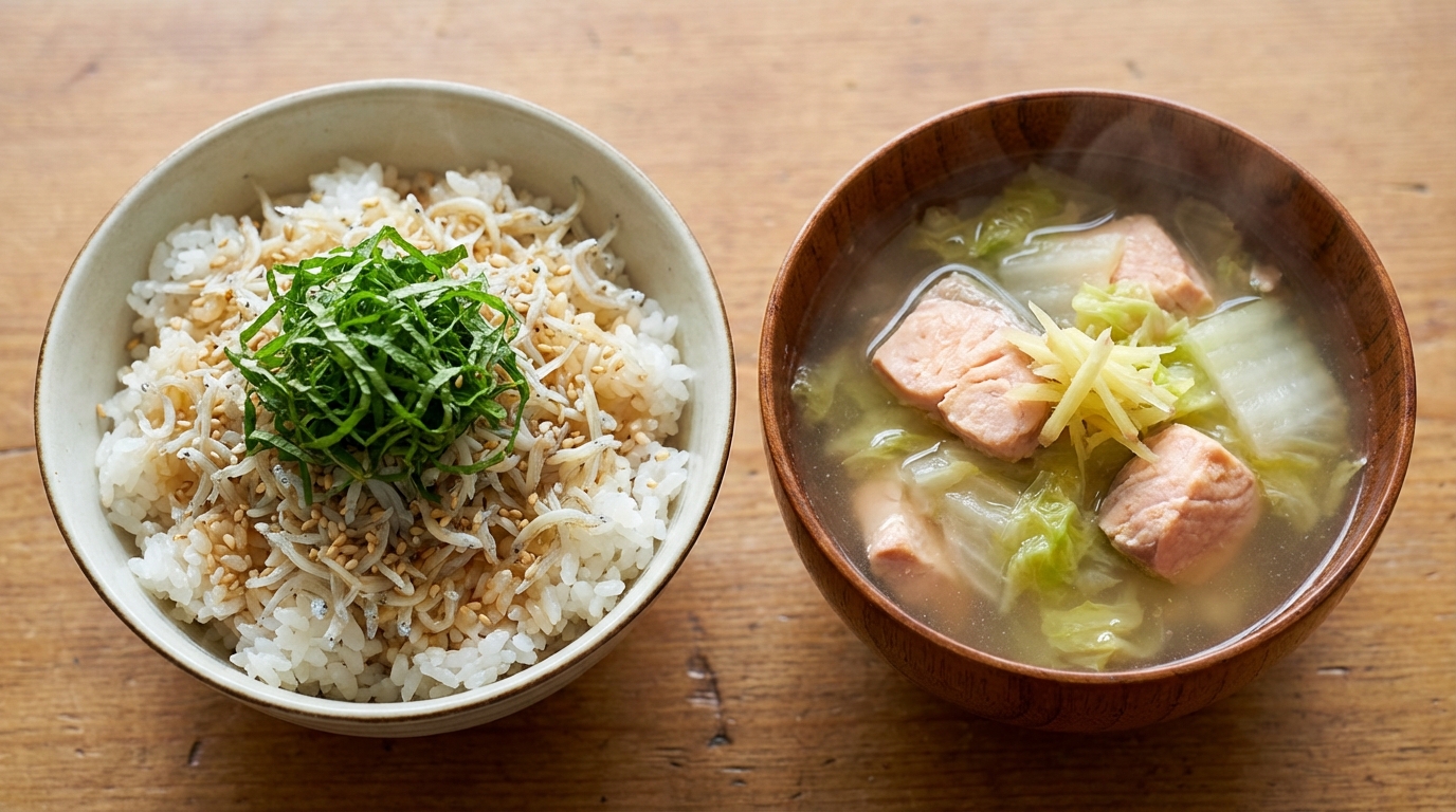 ちりめんじゃこと青じそのポン酢のっけごはんと、鮭と白菜の生姜塩スープ