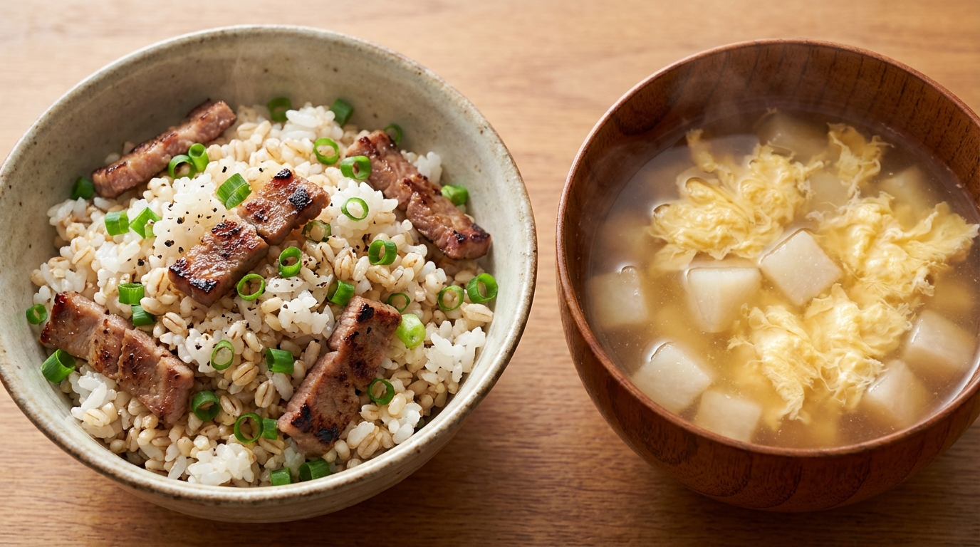 牛タンと青ねぎの香ばし混ぜごはんと、長いも入りかき玉汁
