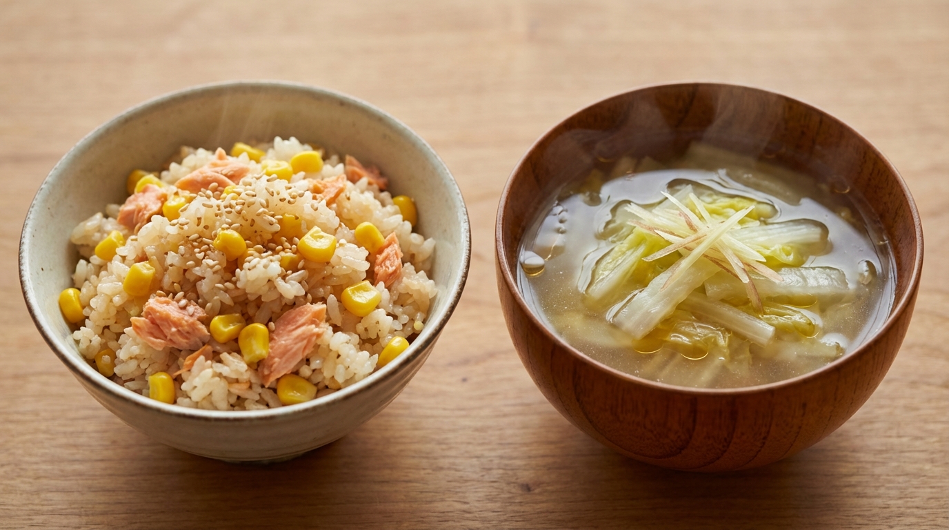 鮭とコーンのバターしょうゆ混ぜごはんと、白菜としょうがの中華風スープ