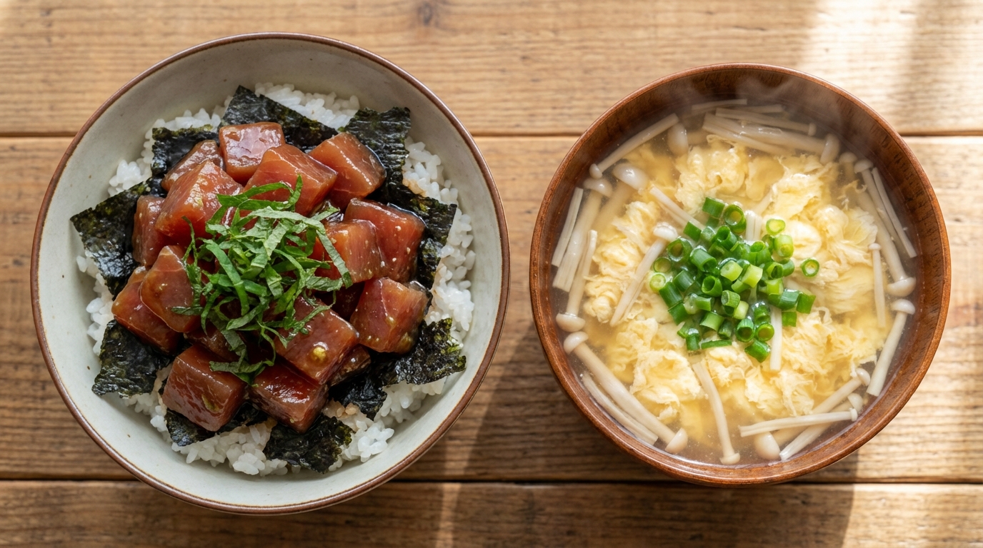 まぐろの青じそわさびじょうゆのっけごはんと、えのきのかき玉汁