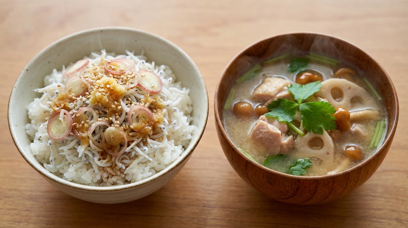 しらすとみょうがの生姜じょうゆのっけごはんと、鶏もも肉とれんこんの具だくさんみそ汁