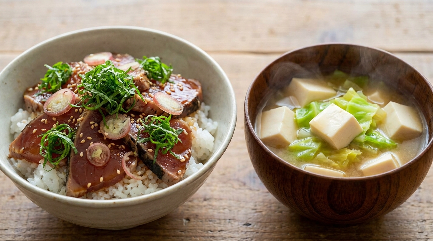初鰹のみょうがじょうゆのっけごはんと、豆腐と春キャベツの甘みみそ汁
