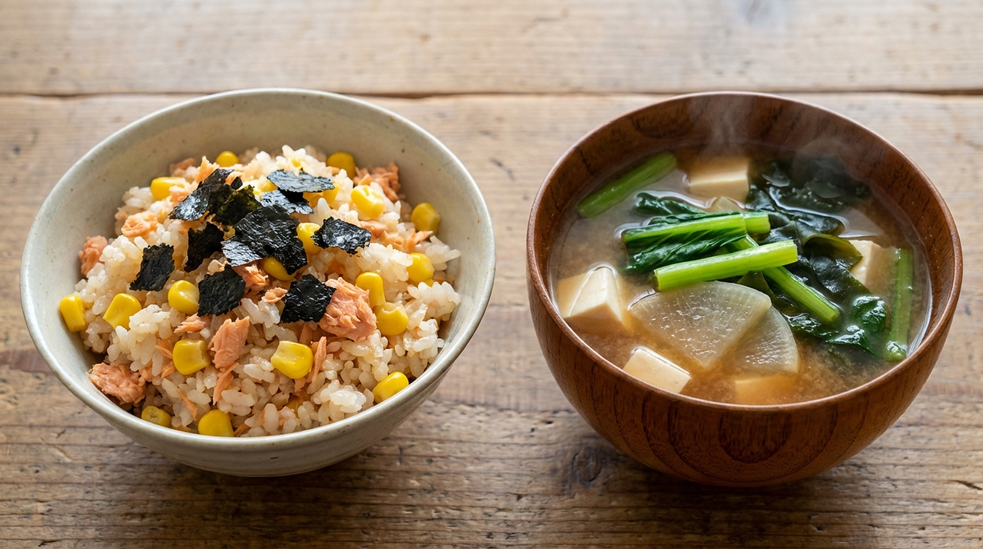 鮭フレークとコーンのレモンしょうゆ混ぜごはんと、豆腐と大根の具だくさんみそ汁