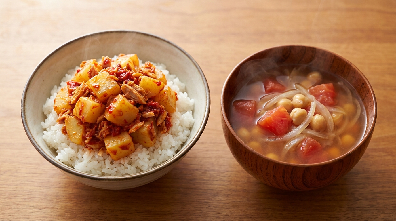 じゃがいもとツナのハリッサ風スパイシーのっけごはんと、ひよこ豆とトマトのコンソメスープ
