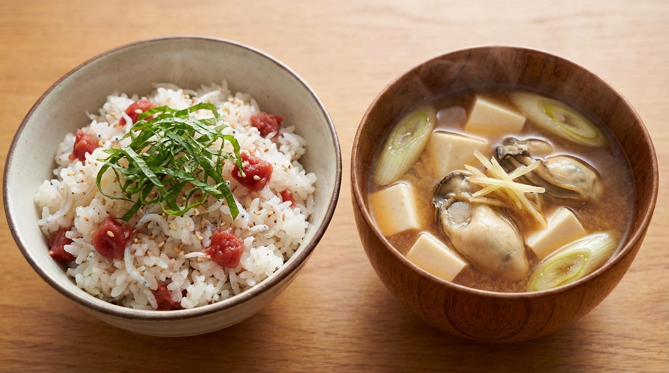 梅しらす青じその香り混ぜごはんと、牡蠣と豆腐のコク旨みそ汁