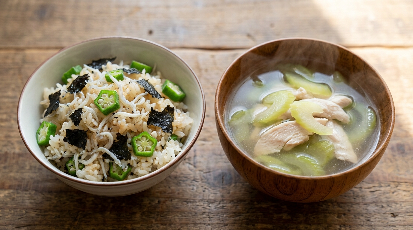 しらすとオクラの香ばし混ぜごはんと、セロリと鶏ささみのすっきりスープ