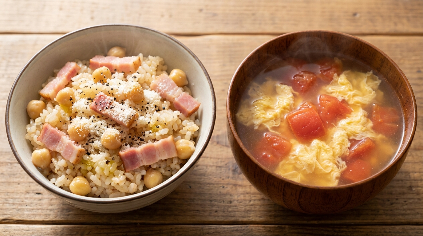 ひよこ豆とベーコンの洋風混ぜごはんと、トマトと卵の和風コンソメスープ