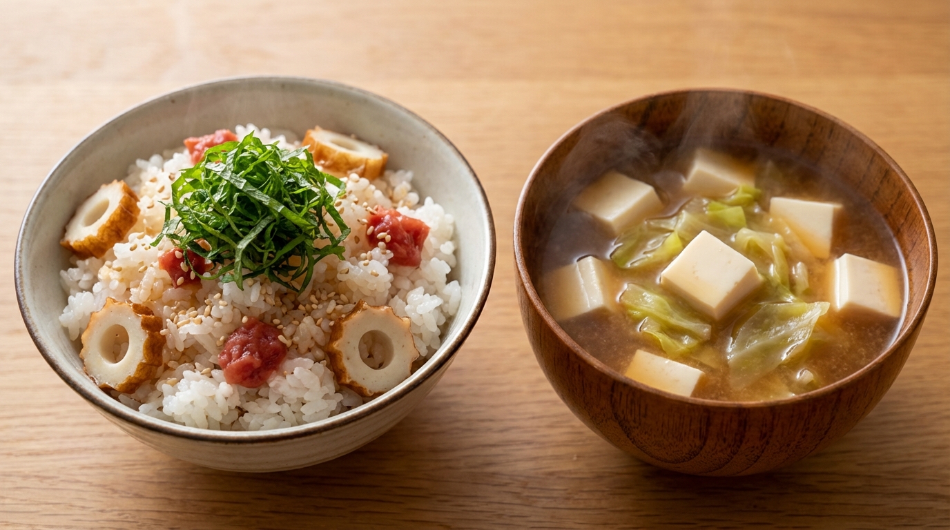 ちくわと青じその梅混ぜごはんと、豆腐とキャベツの甘みみそ汁