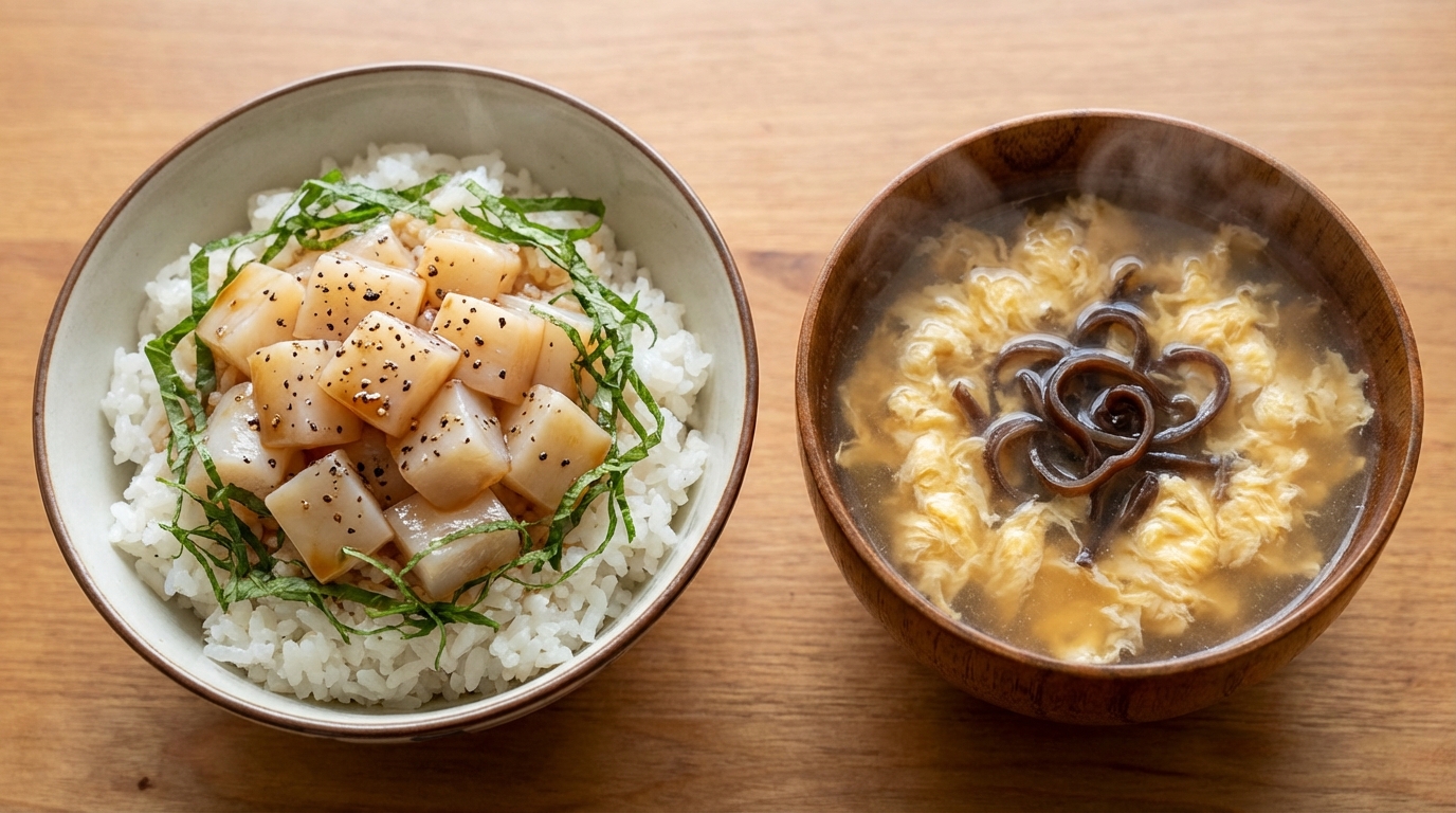 いかの黒こしょうわさびじょうゆのっけごはんと、きくらげと卵の中華スープ