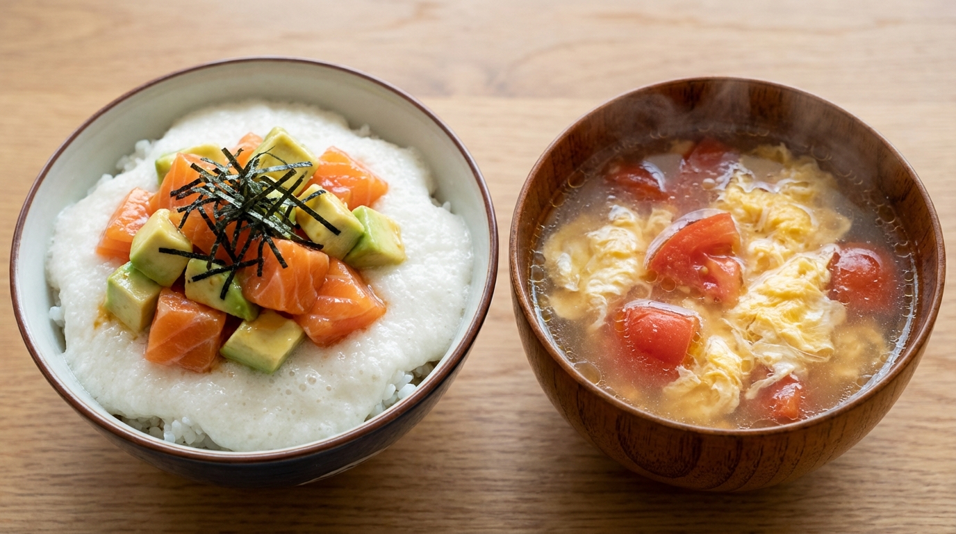 サーモンとアボカドのとろろレモンしょうゆのっけごはんと、トマトと卵の中華スープ