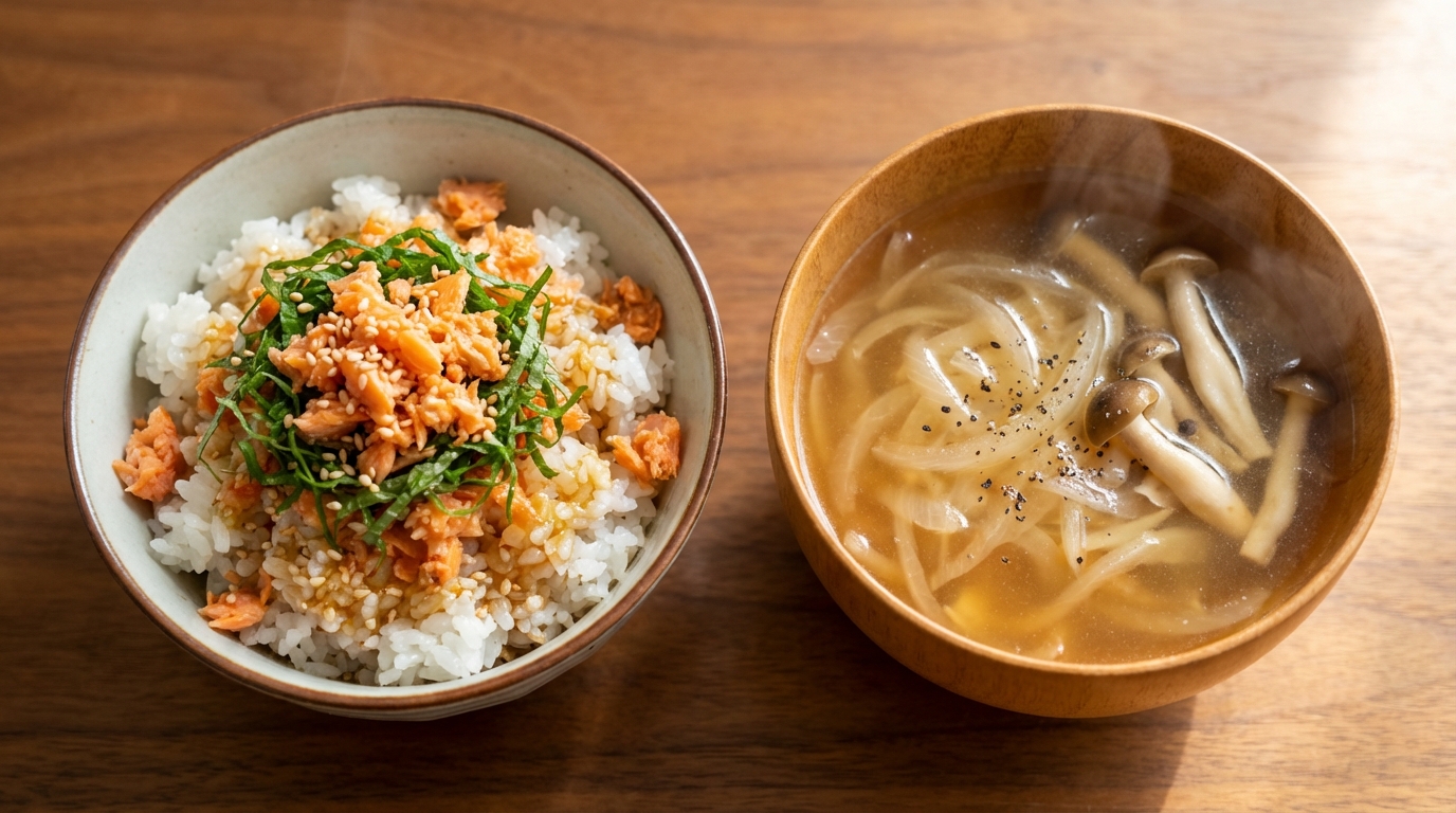 鮭フレークと青じそのレモンしょうゆのっけごはんと、玉ねぎとしめじのコンソメスープ