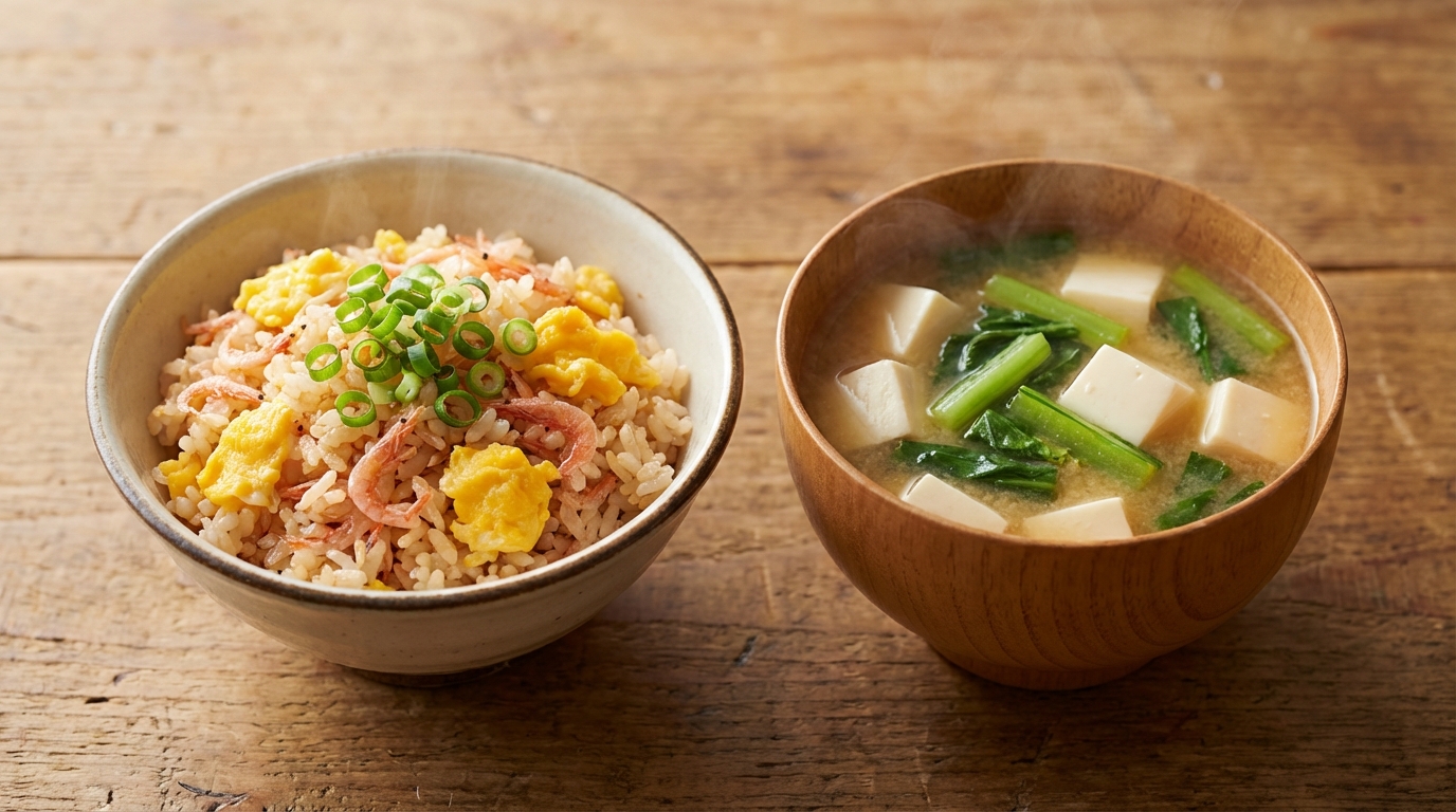桜えびと卵のバターしょうゆ混ぜごはんと、豆腐と小松菜の具だくさんみそ汁