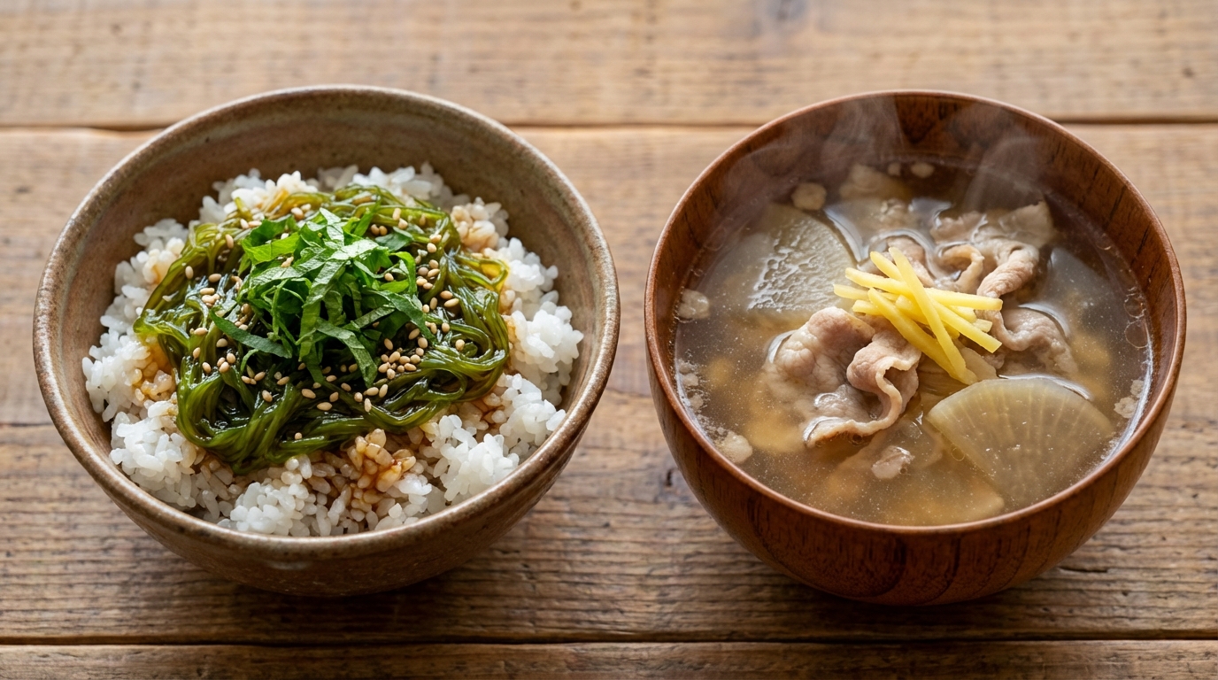めかぶと青じその磯香るのっけごはんと、豚肉と大根のぽかぽかしょうがスープ
