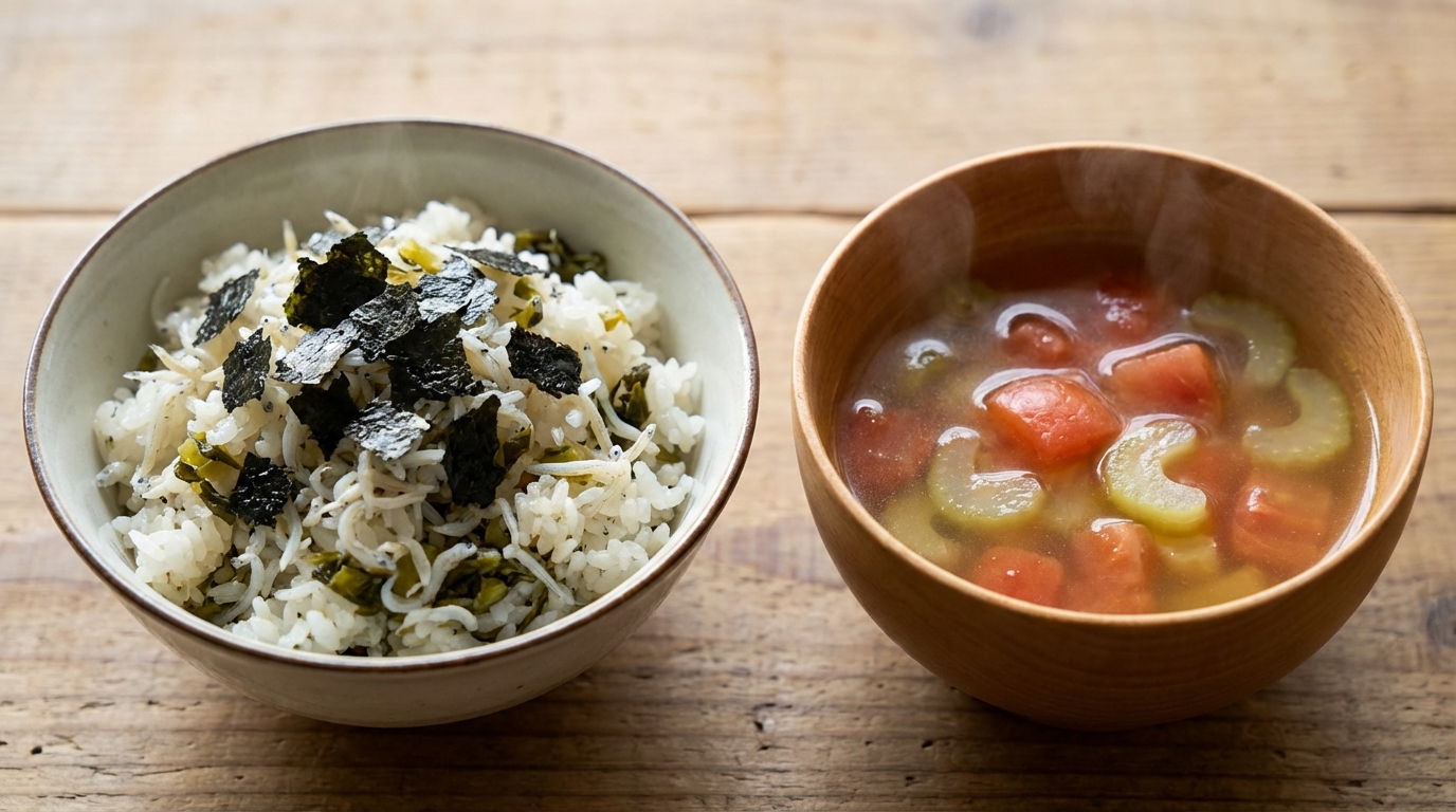 しらすと高菜の香りごま油混ぜごはんと、トマトとセロリの爽やかレモンスープ