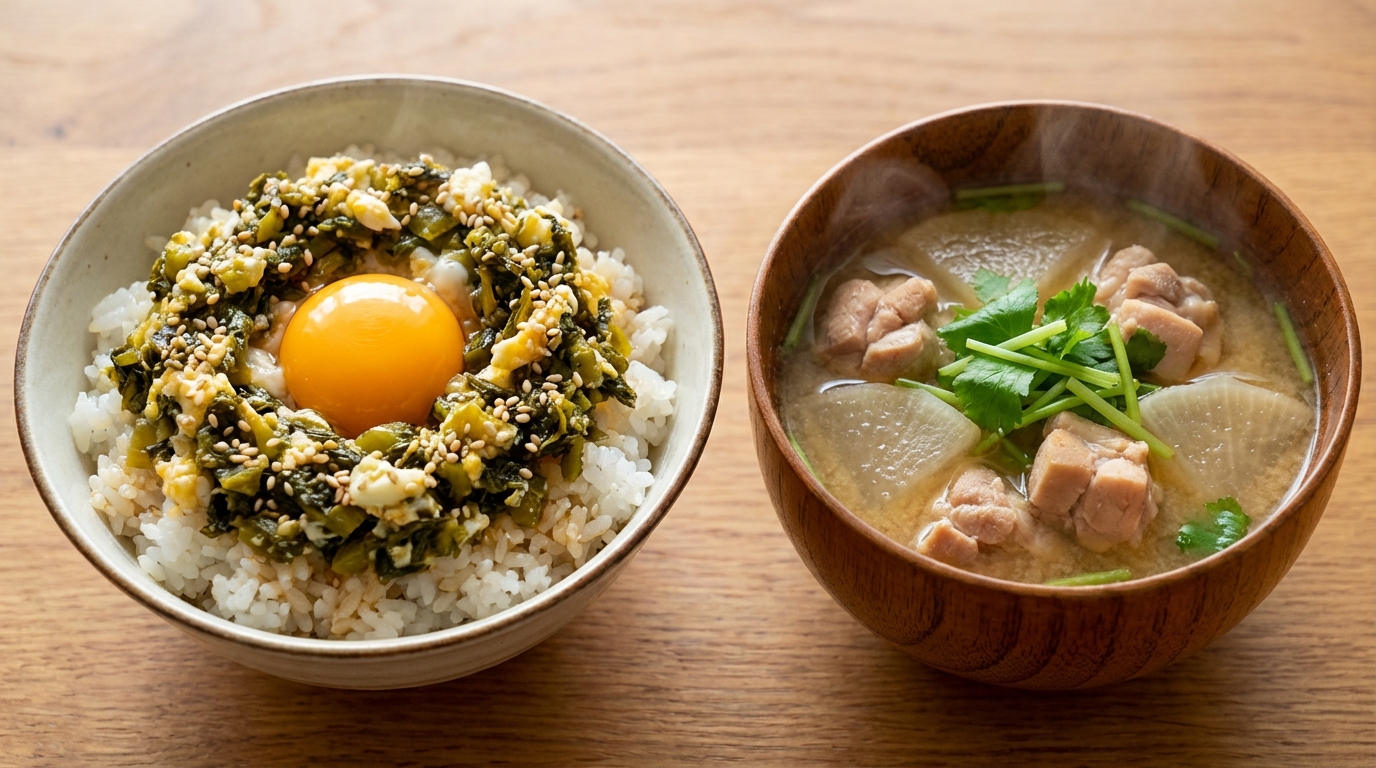 高菜と卵の香り豊かなのっけごはんと、鶏もも肉と大根の具だくさんみそ汁