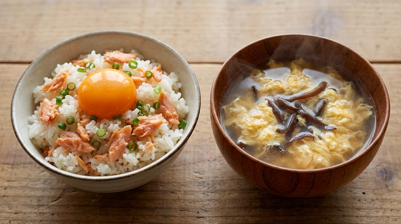 鮭フレークと卵黄の濃厚混ぜごはんと、きくらげと卵の中華スープ