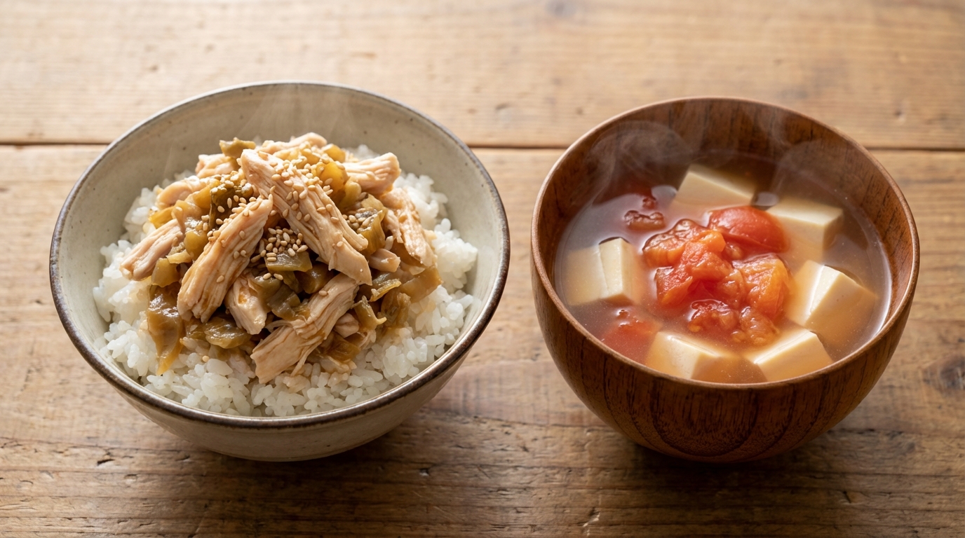 蒸し鶏とザーサイの中華のっけごはんと、豆腐とトマトのさっぱり中華スープ