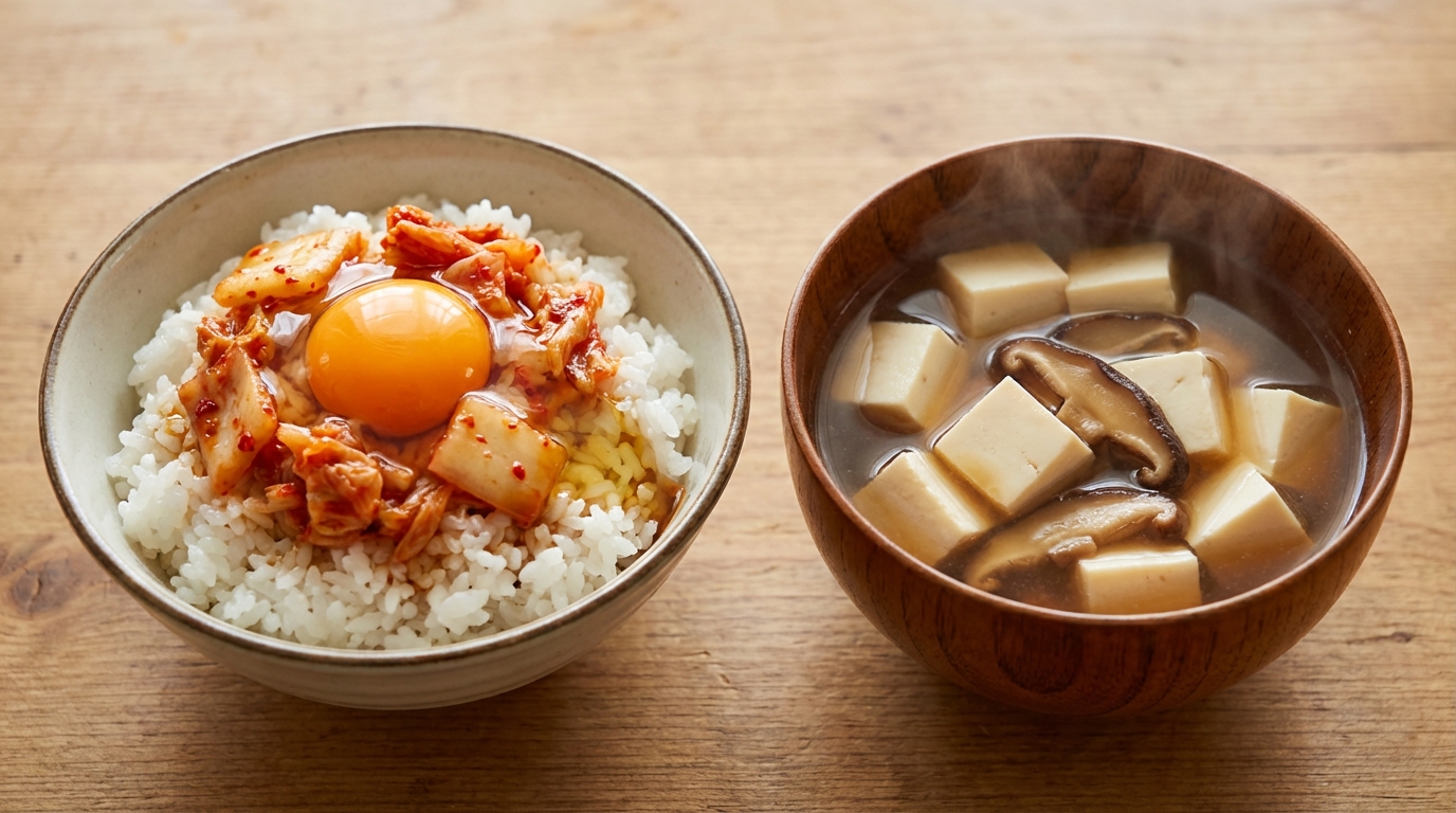 キムチと卵黄のコク旨ごま油ごはんと、豆腐と干ししいたけの滋味スープ