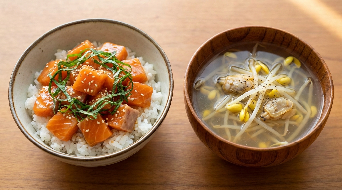 サーモン青じそわさびじょうゆのっけごはんと、あさりと豆もやしの旨みスープ