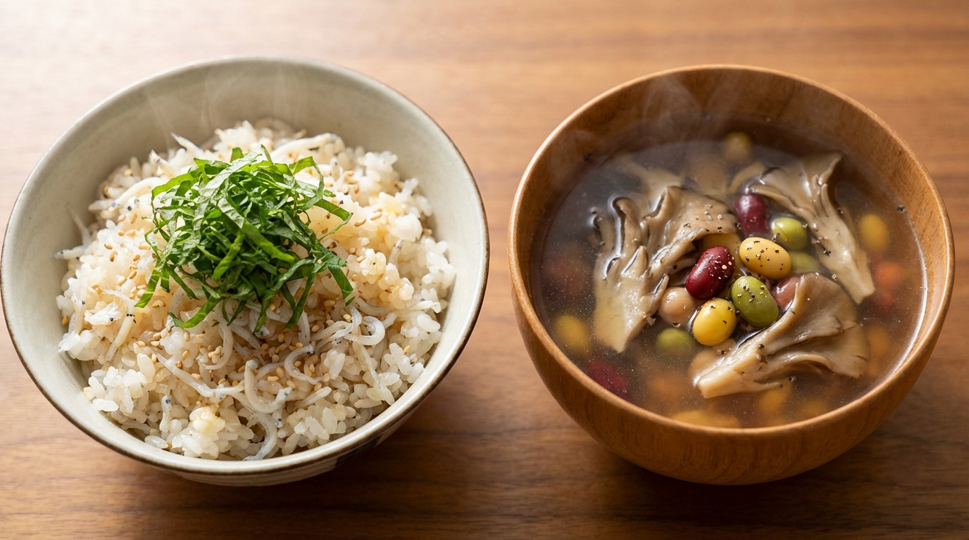 しらすと青じそのレモン混ぜごはんと、きのこと豆のコンソメスープ