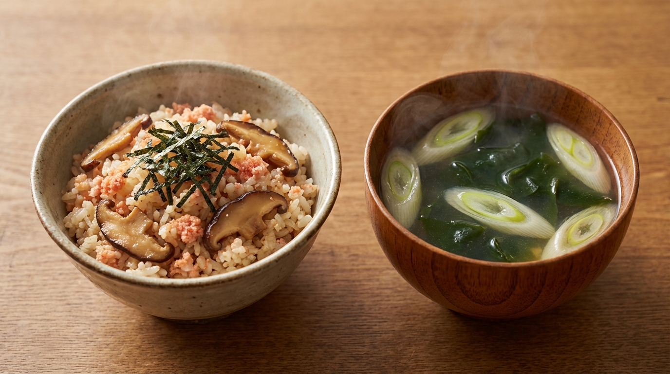 焼きしいたけとたらこのバター混ぜごはんと、わかめと長ねぎのすまし汁