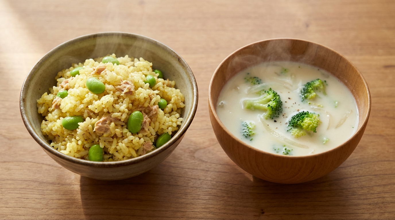 枝豆ツナ缶カレーマヨ混ぜごはんとブロッコリーのミルクスープ