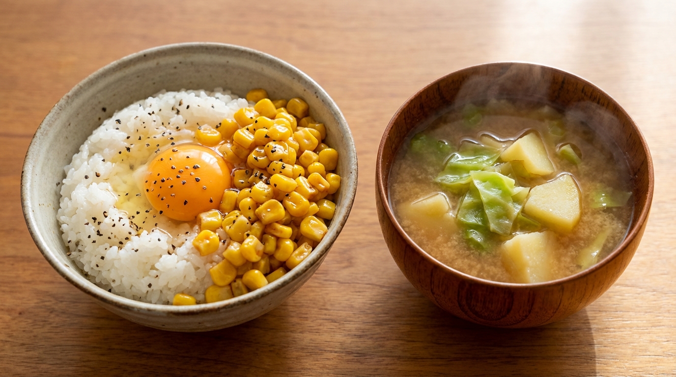 バター醤油コーンの卵かけごはんと、キャベツとじゃがいものみそ汁