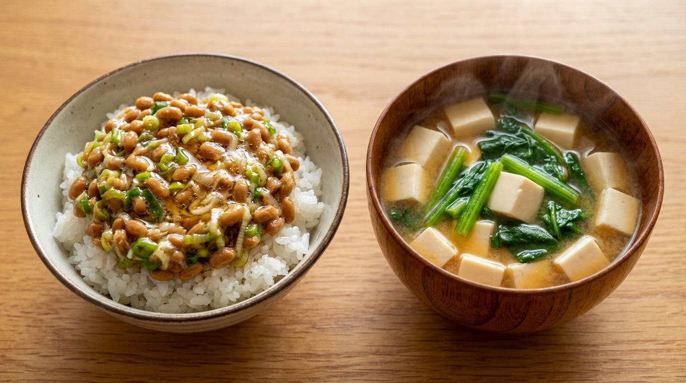 香味ねぎ納豆のごま油のっけごはんと、豆腐とほうれんそうの彩りみそ汁