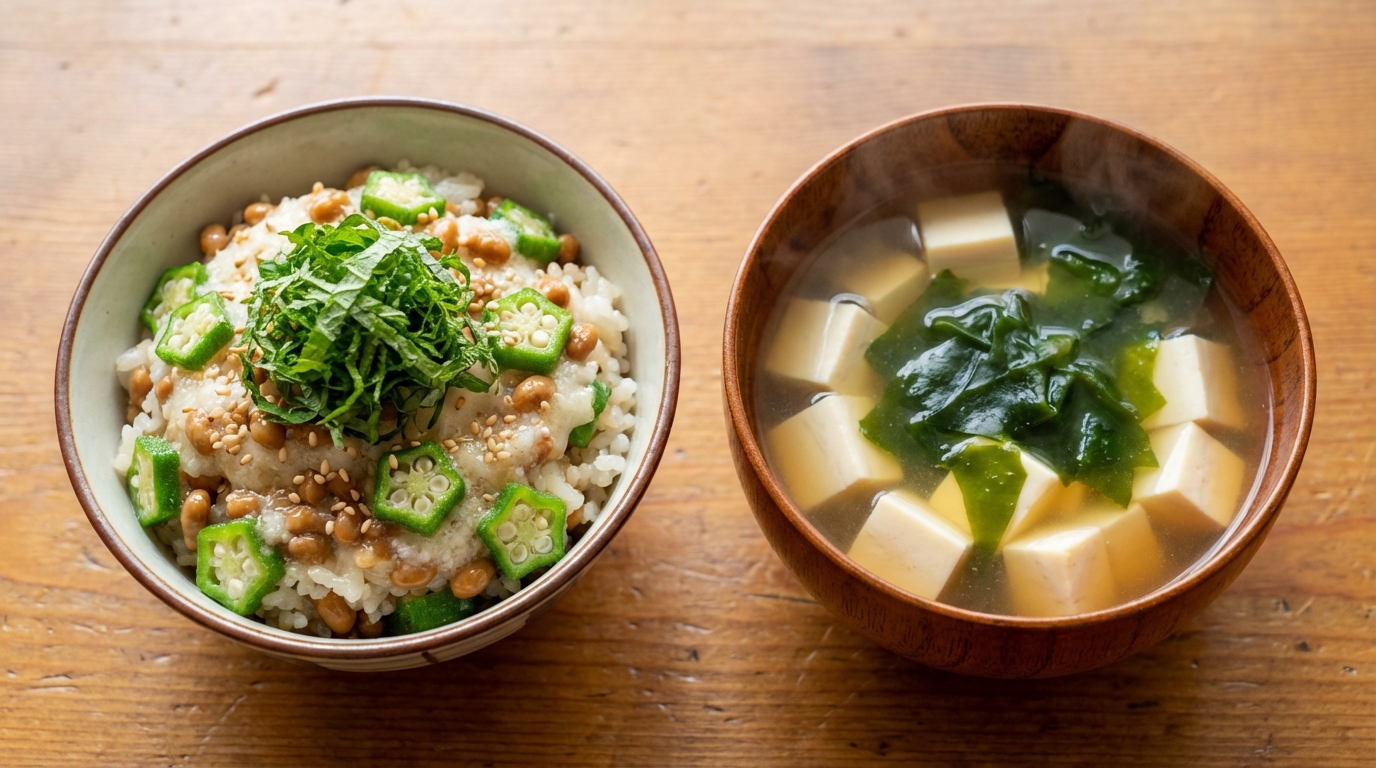 オクラ納豆のとろろ混ぜごはんと、豆腐とわかめのシンプルすまし汁