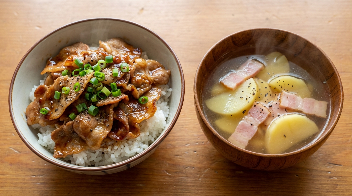 豚こま肉の生姜じょうゆのっけごはんと、じゃがいもとベーコンのコンソメスープ