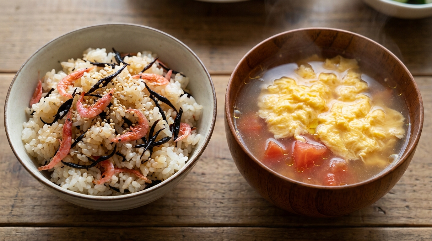 桜えびとひじきの香ばし混ぜごはんと、トマトと卵のふんわり中華スープ