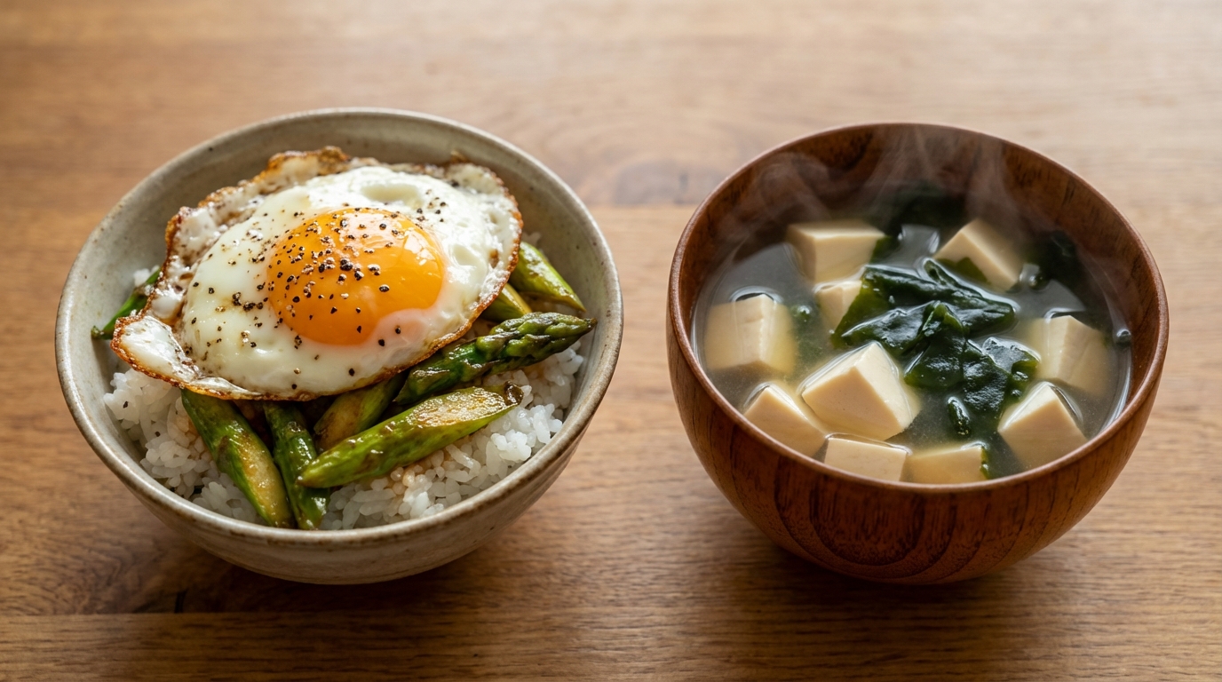 焼きアスパラとたまごのっけごはんと、豆腐とわかめのシンプルすまし汁