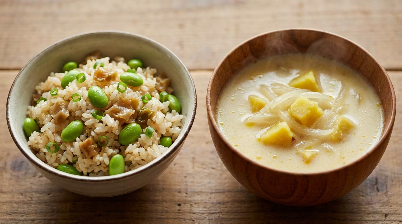 枝豆とザーサイの香味混ぜごはんと、さつまいもの和風ポタージュ