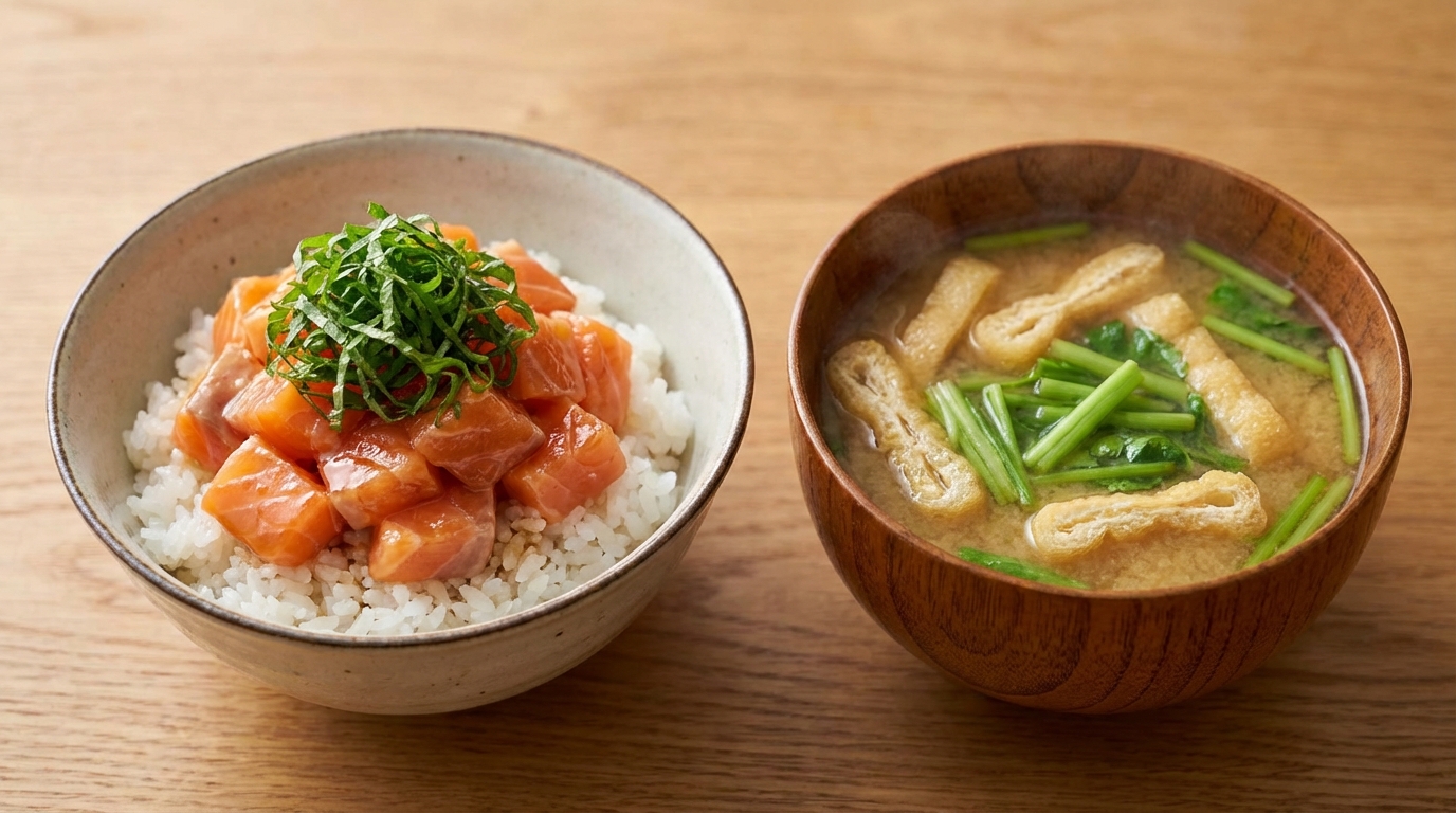 サーモン青じそレモンしょうゆのっけごはんと、油揚げとせりの香りみそ汁