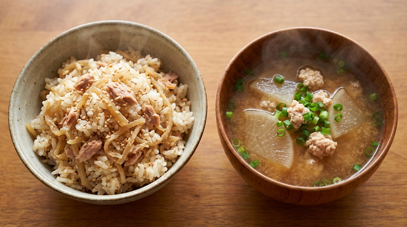 切り干し大根とツナのマヨごま混ぜごはんと、鶏ひき肉と大根の旨みみそ汁