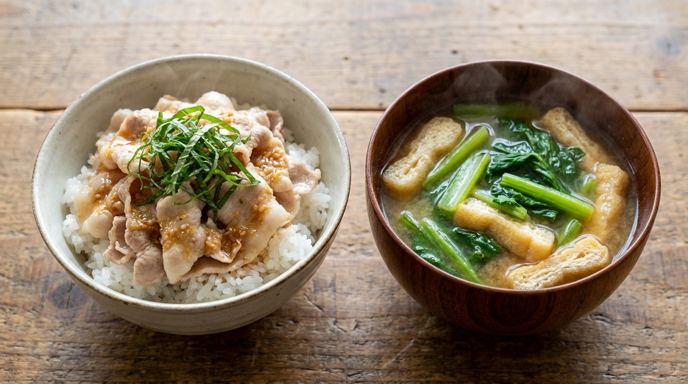 豚しゃぶの青じそ風味ごはんと、厚揚げと小松菜のボリュームみそ汁