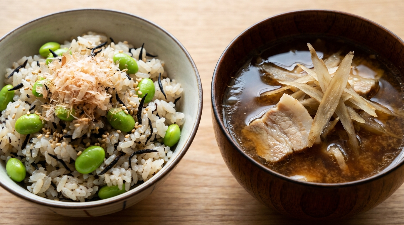 ひじきと枝豆の香ばし混ぜごはんと、豚バラとごぼうの具だくさんみそ汁