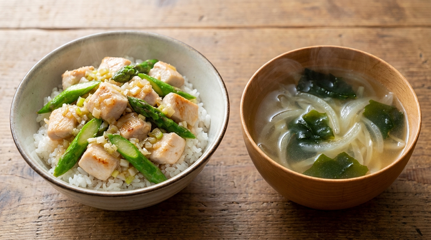 アスパラと鶏むね肉のねぎ塩のっけごはんと、新玉ねぎとわかめのスープ