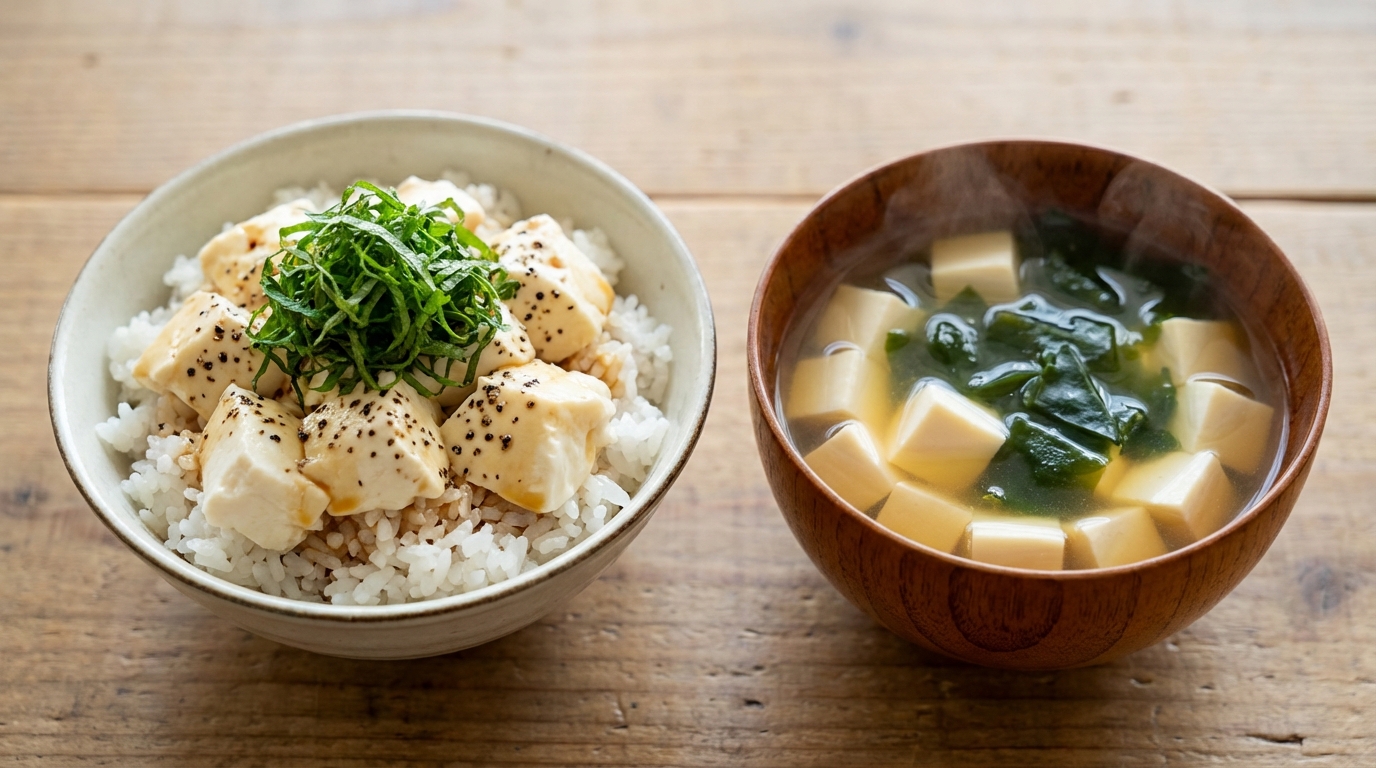 豆腐と青じその黒こしょうのっけごはんと、わかめと豆腐のシンプルすまし汁