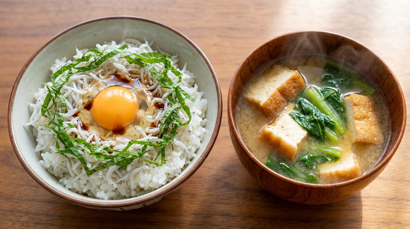 しらすと青じそのさっぱり卵かけごはんと、厚揚げと小松菜のボリュームみそ汁