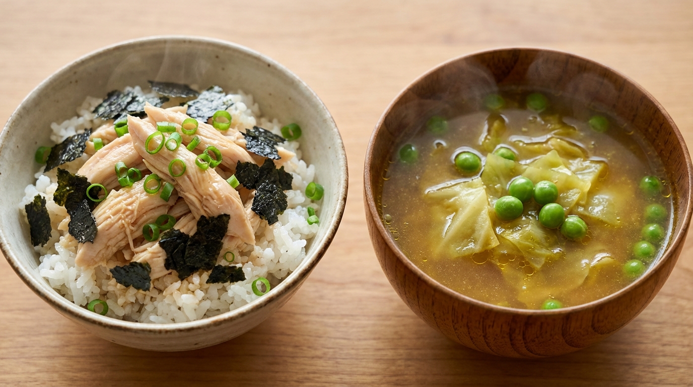鶏ささみの生姜じょうゆのっけごはんと、キャベツとグリーンピースのカレースープ